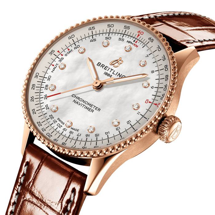 Breitling Navitimer 36mm Ladies Watch White Mother Of Pearl Alligator 18k Red Gold R17327211A1P1 - Image 3