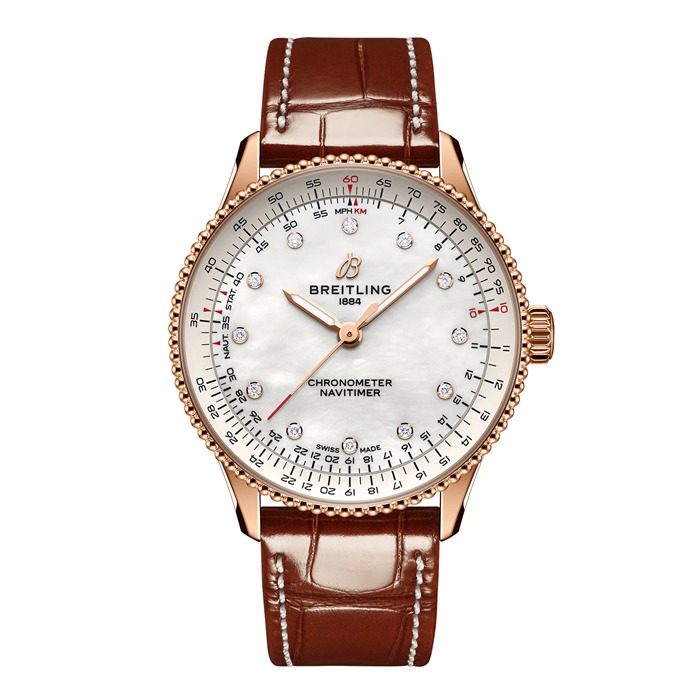 Breitling Navitimer 36mm Ladies Watch White Mother Of Pearl Alligator 18k Red Gold R17327211A1P1
