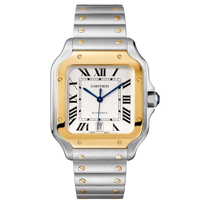 Cartier Santos De Cartier Watch Large Model Automatic Movement Yellow Gold Steel Interchangeable Metal And Leather Bracelets W2SA0009