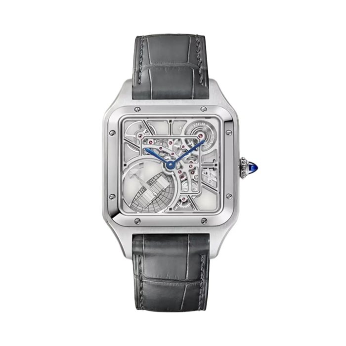 Cartier Santos-Dumont Skeleton Watch Large Model Automatic Movement Steel Leather WHSA0032