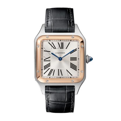 Cartier Santos-Dumont Watch Large Model Quartz Movement Rose Gold Steel Leather W2SA0011