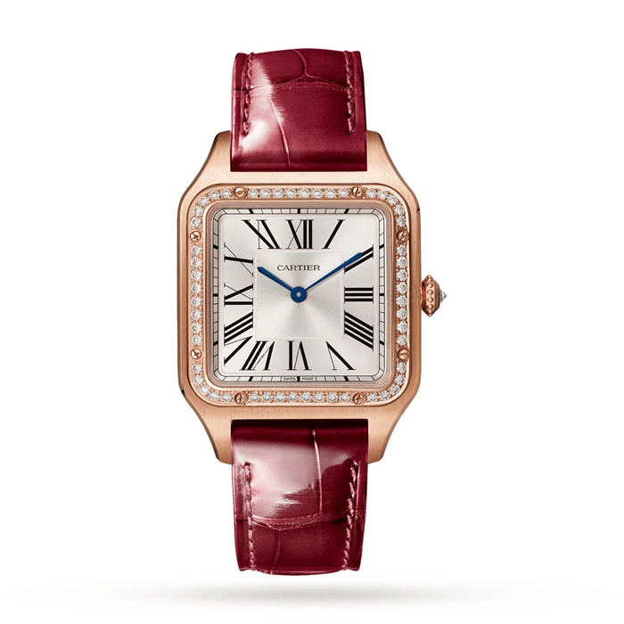 Cartier Santos-Dumont Watch Large Model Rose Gold Diamonds Leather Strap WJSA0016