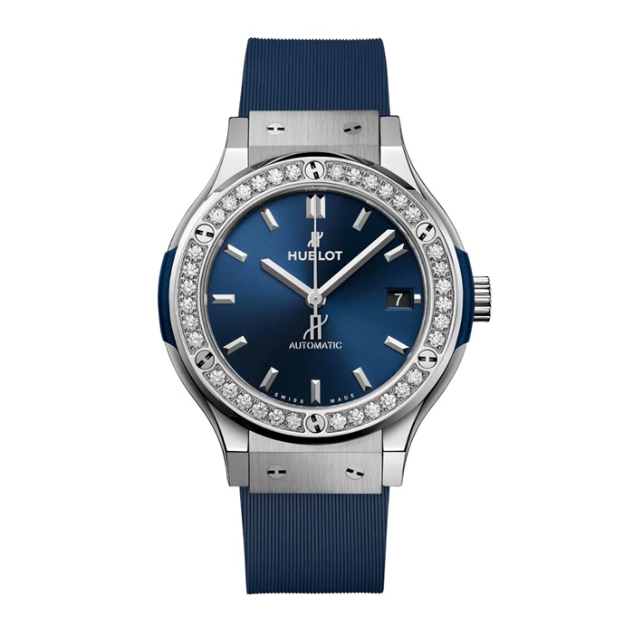 Hublot Classic Fusion Titanium Blue Diamonds 38mm Ladies Watch 565.NX.7170.RX.1204